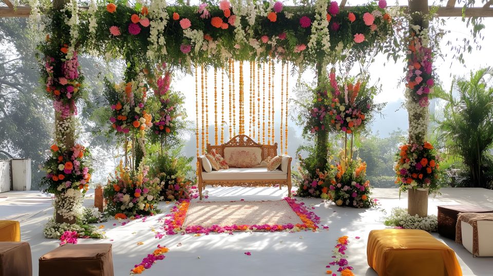 beautifully decorated mandap with bright floral arrangements and vibrant colors, creating joyful.