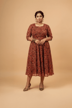 Rust brown paisley print plus size midi dress with square neckline and three-quarter sleeves