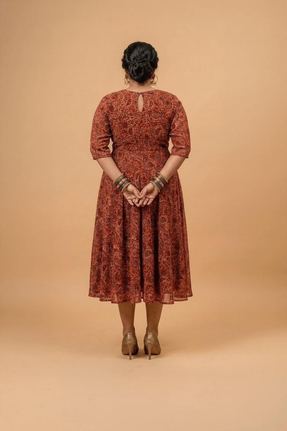 Rust brown paisley print plus size midi dress with square neckline and three-quarter sleeves