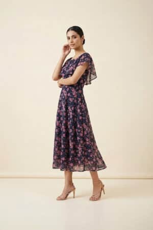 Navy Floral Midi Dress for women by Ivory by Radhika