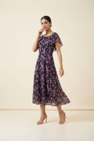 Navy Floral Midi Dress for women by Ivory by Radhika