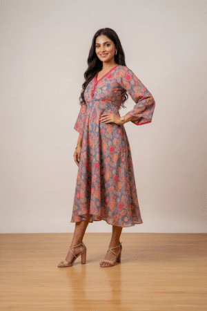 Woman wearing a grey floral print midi dress with a V-neckline, three-quarter bell sleeves and a flared silhouette