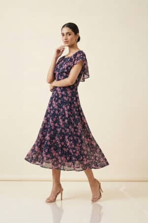 Navy Floral Midi Dress for women by Ivory by Radhika