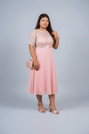 Blush Pink Sequin Lace Midi Dress
