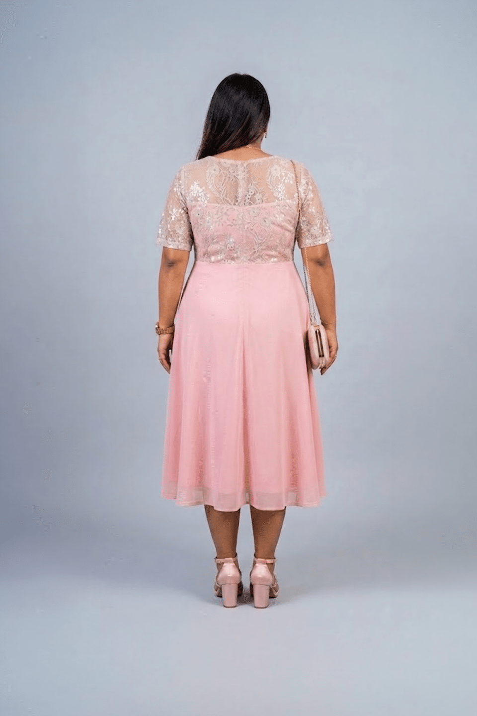 Blush Pink Sequin Lace Midi Dress