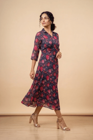 Woman wearing a blue floral shirt dress with three-quarter sleeves and a flared midi silhouette