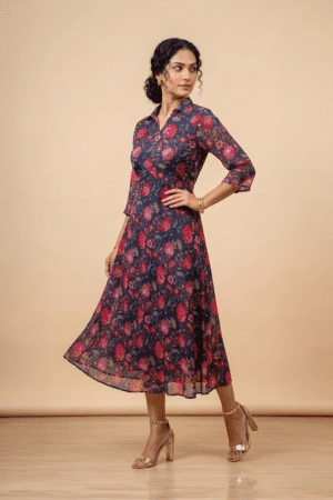Woman wearing a blue floral shirt dress with three-quarter sleeves and a flared midi silhouette