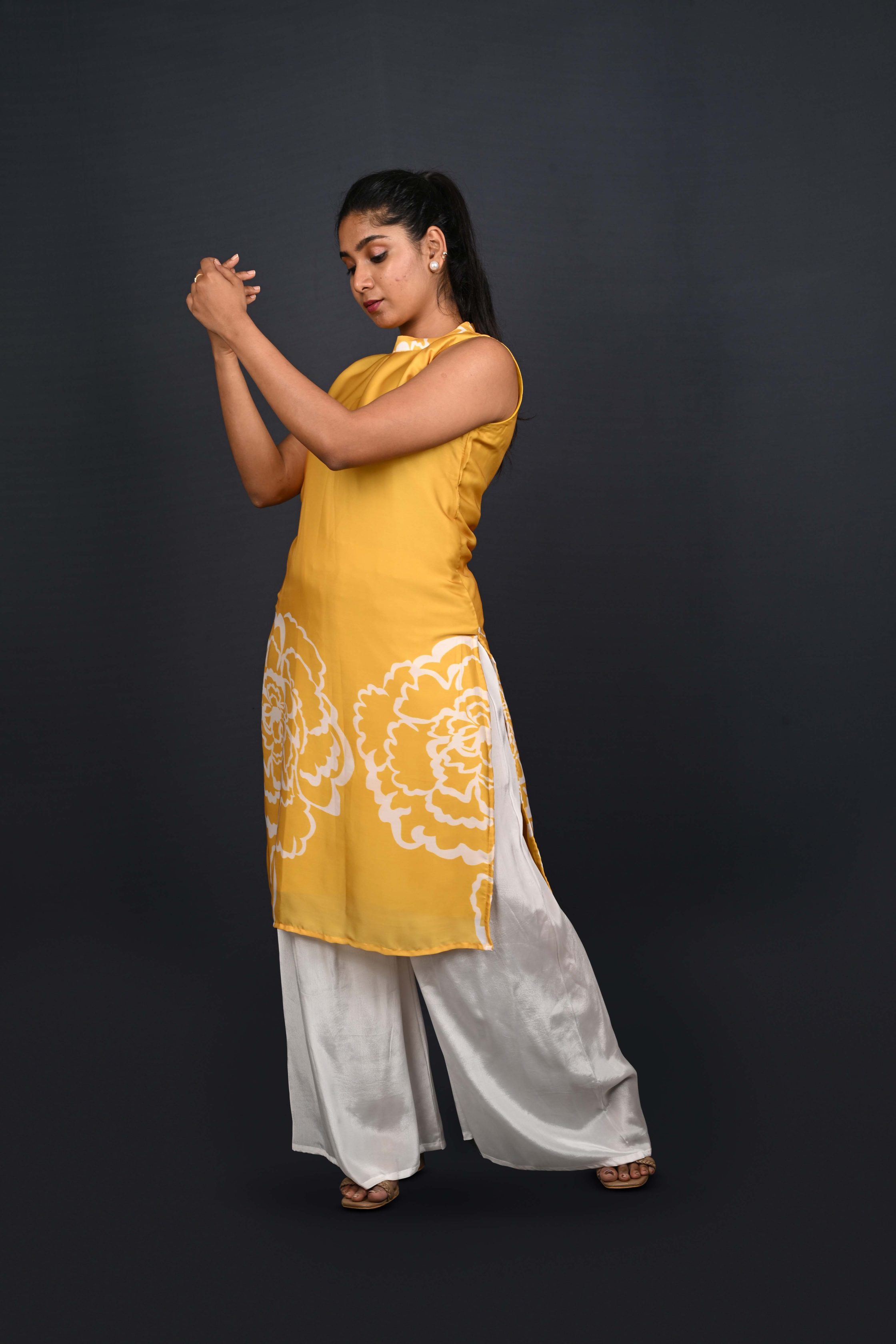 Mustard kurta and white palazzo outfit for summer
