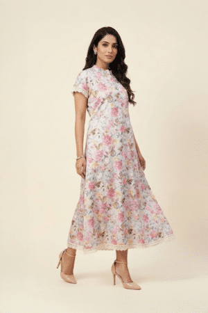 Vintage rose floral midi dress, full-length front view