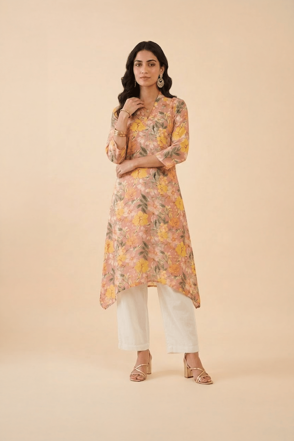 Peach High-Low Kurta Set