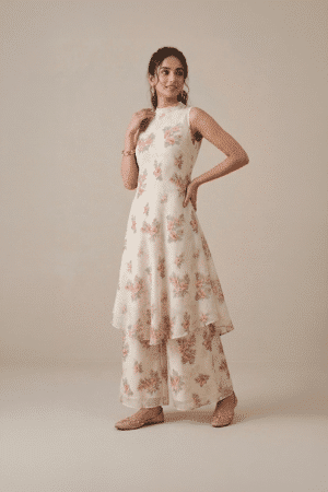 Ivory floral kurti set for women with sleeveless kurti and wide leg pants