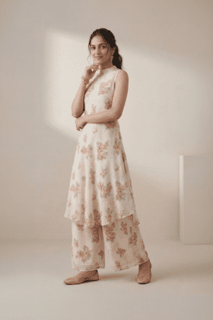 Ivory floral kurti set for women with sleeveless kurti and wide leg pants