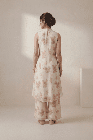 Ivory floral kurti set for women with sleeveless kurti and wide leg pants