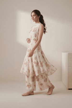 Ivory floral kurti set for women with sleeveless kurti and wide leg pants