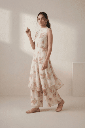 Ivory floral kurti set for women with sleeveless kurti and wide leg pants