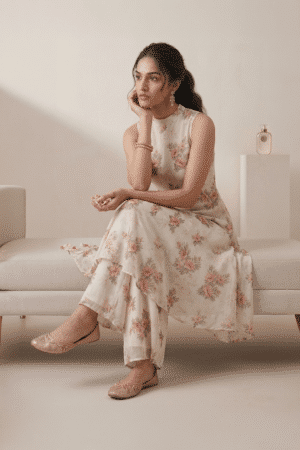 Ivory floral kurti set for women with sleeveless kurti and wide leg pants