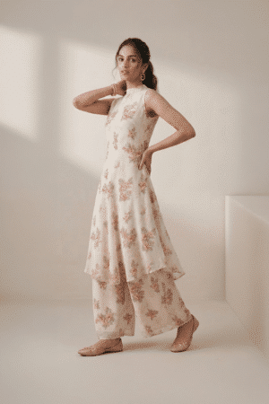 Ivory floral kurti set for women with sleeveless kurti and wide leg pants