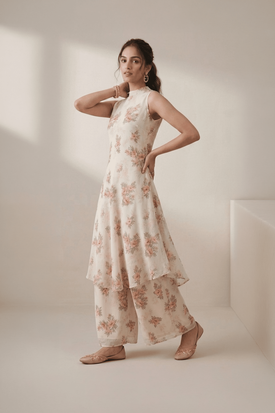 Ivory floral kurti set for women with sleeveless kurti and wide leg pants