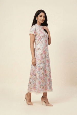 Vintage rose floral midi dress, three-quarter side view
