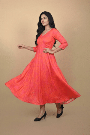 Coral Sunset Anarkali Dress in botanical print