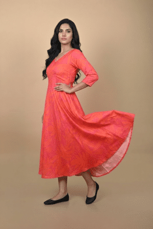 Coral Sunset Anarkali Dress in botanical print