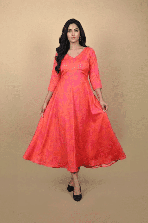 Coral Sunset Anarkali Dress in botanical print