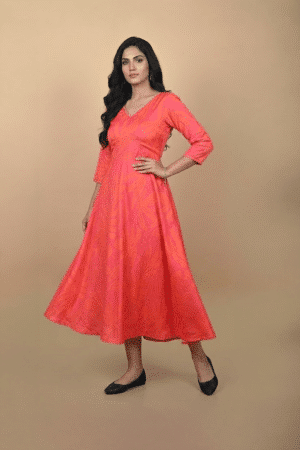 Coral Sunset Anarkali Dress in botanical print