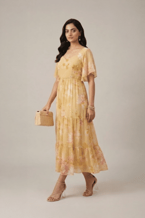 Pastel yellow floral tiered maxi dress with flutter sleeves