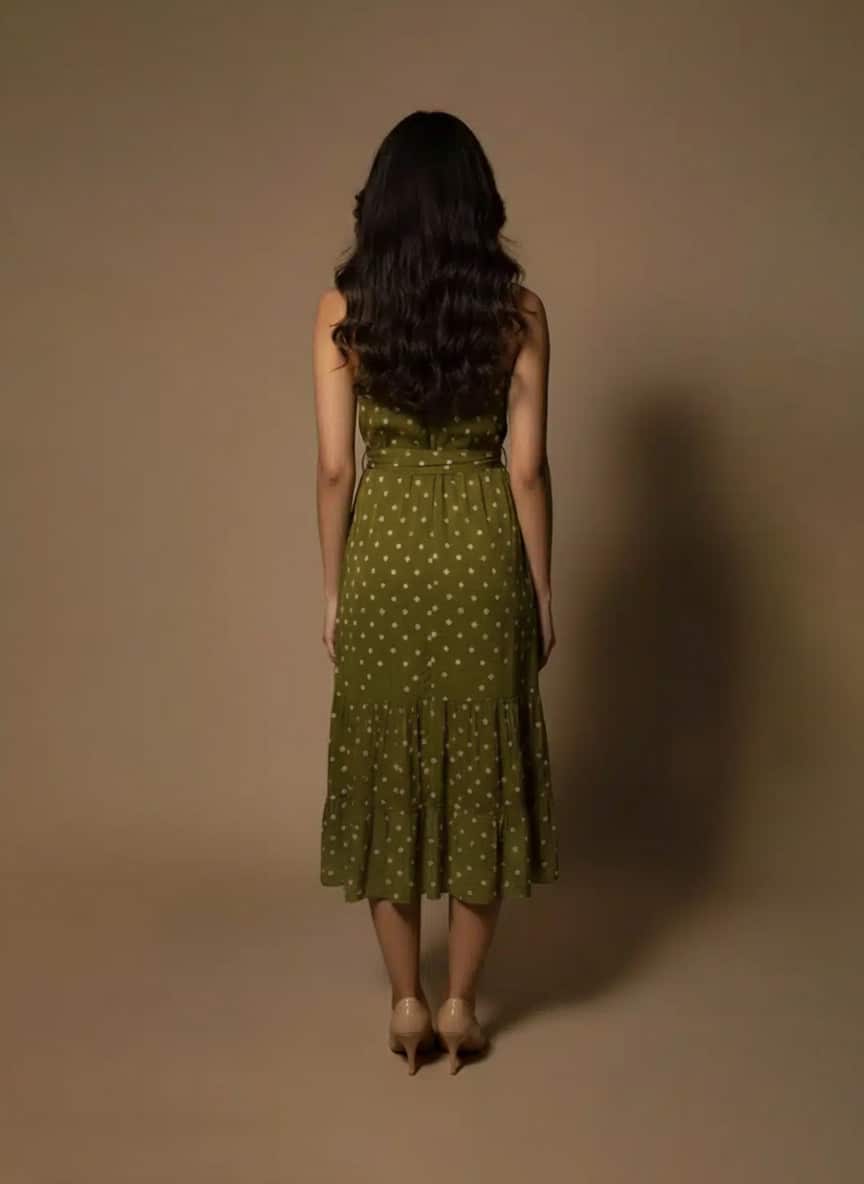 Model wearing an olive green halter neck midi dress with polka dots and a satin waist tie from Ivory by Radhika.