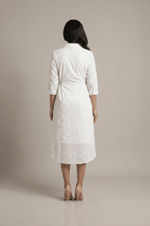 White cotton eyelet shirt dress, full-length back view