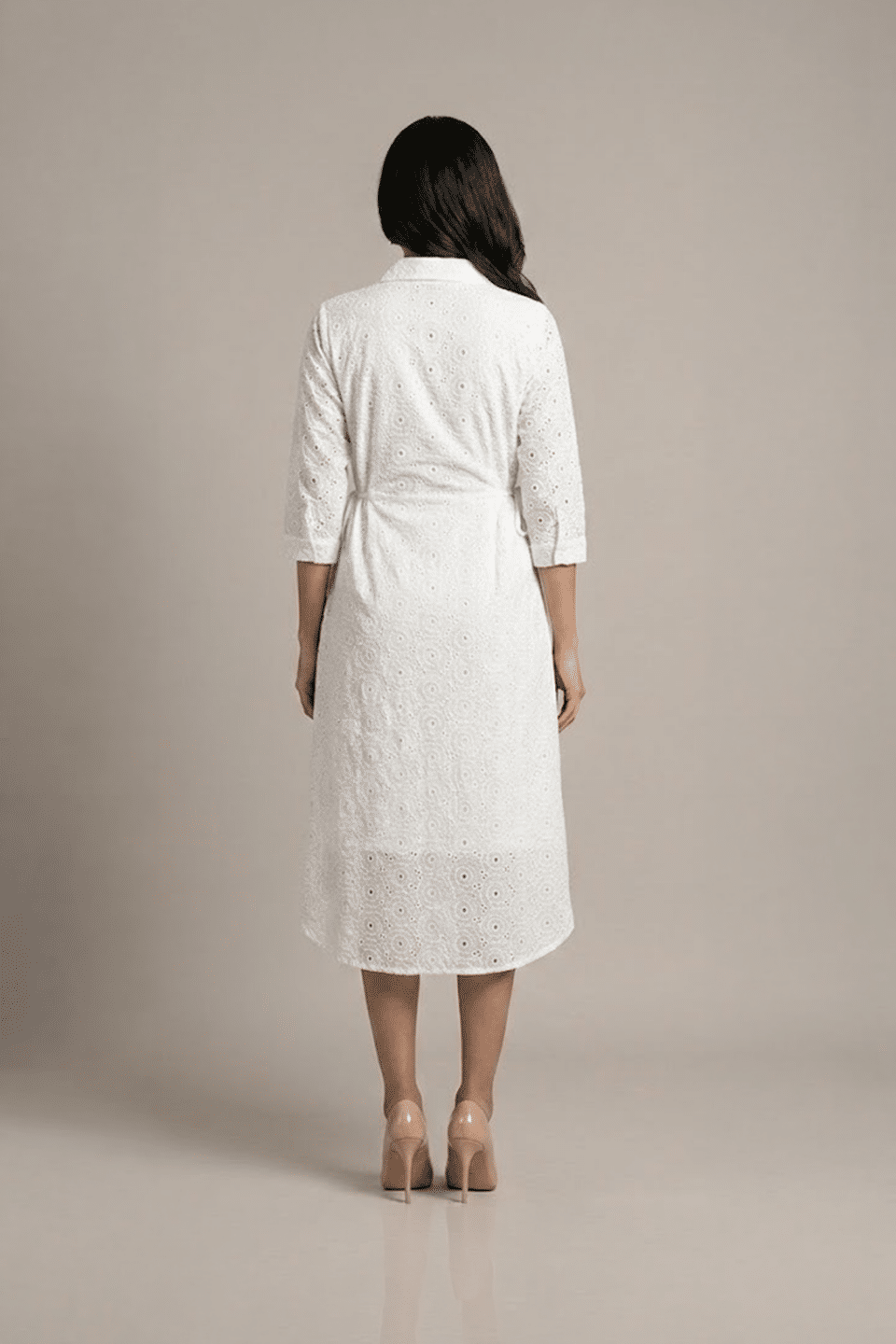 White cotton eyelet shirt dress, full-length back view