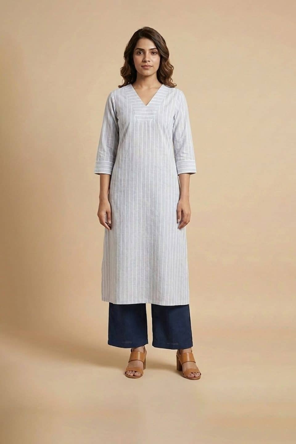 Grey Striped Cotton Kurta Pant Set