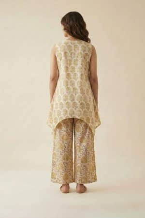 "Handblock cotton tunic set in yellow floral print"