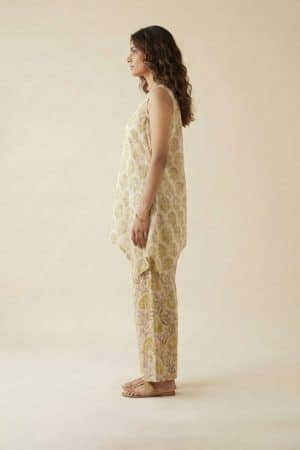 "Handblock cotton tunic set in yellow floral print"