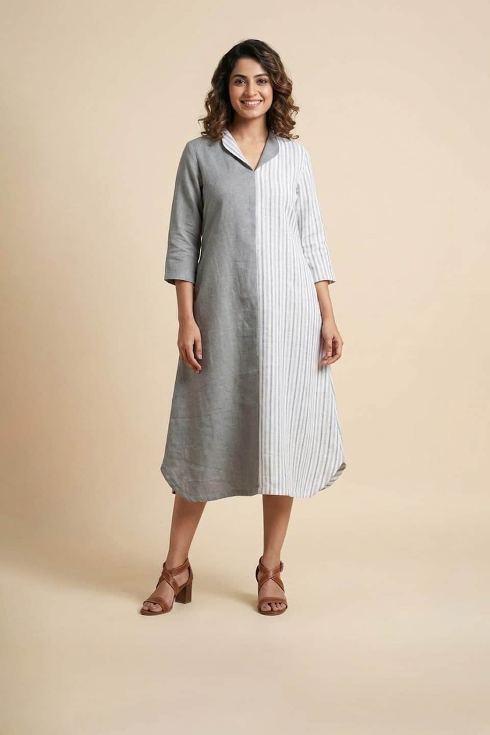 Grey Panelled Cotton Dress