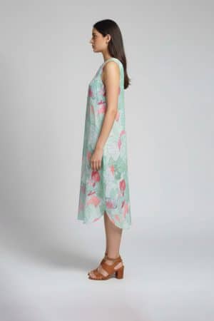 Mint floral sleeveless dress in pastel green with abstract floral print