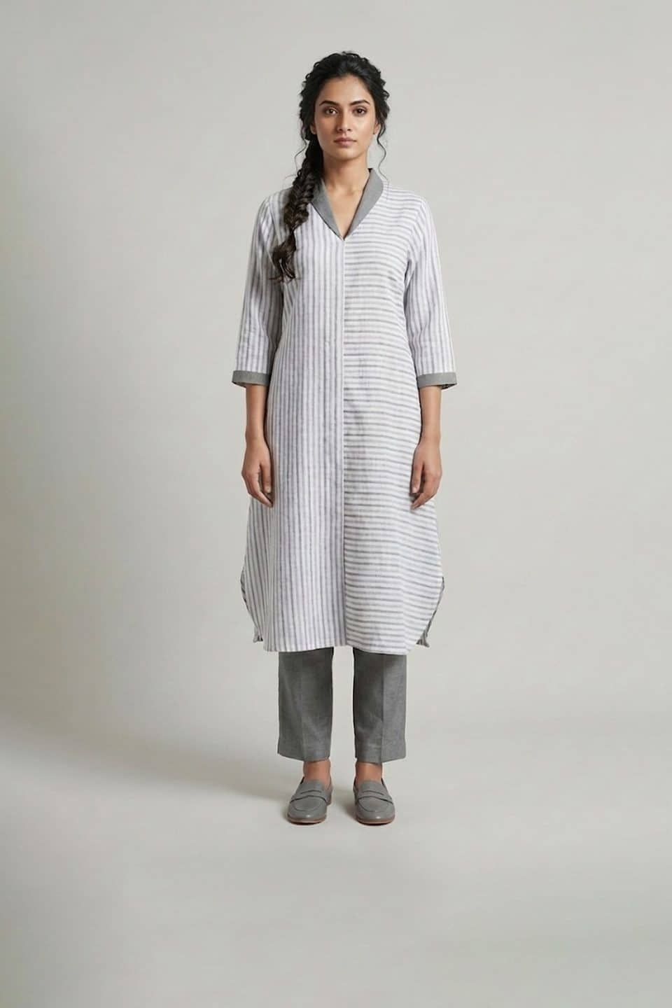 Grey Striped Kurta Pant Set