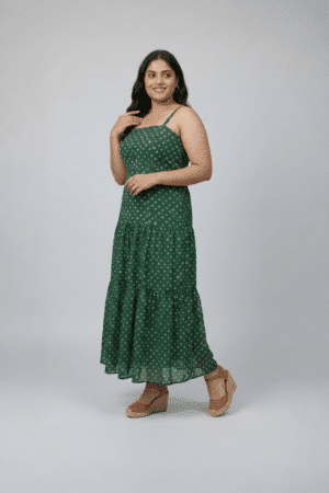 Green bandhani printed sleeveless tiered dress