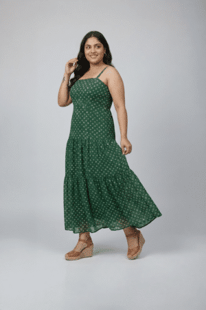 Green bandhani printed sleeveless tiered dress