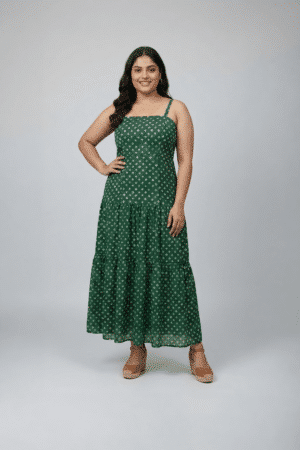 Green bandhani printed sleeveless tiered dress