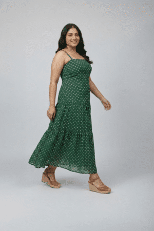 Green bandhani printed sleeveless tiered dress