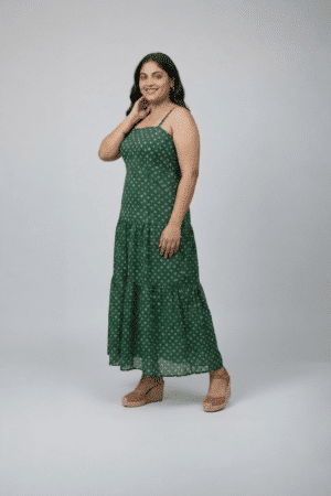 Green bandhani printed sleeveless tiered dress