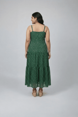 Green bandhani printed sleeveless tiered dress