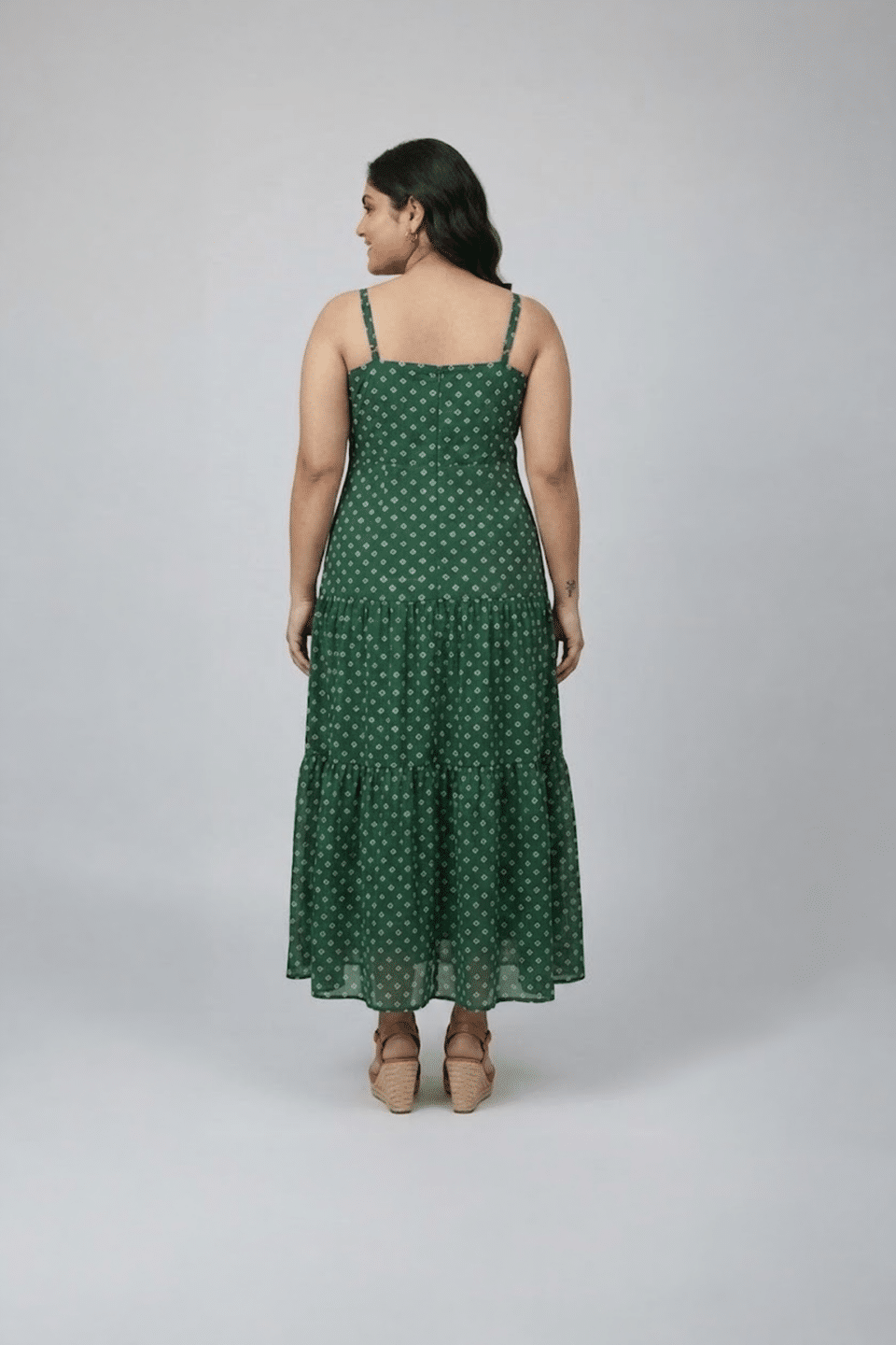 Green bandhani printed sleeveless tiered dress