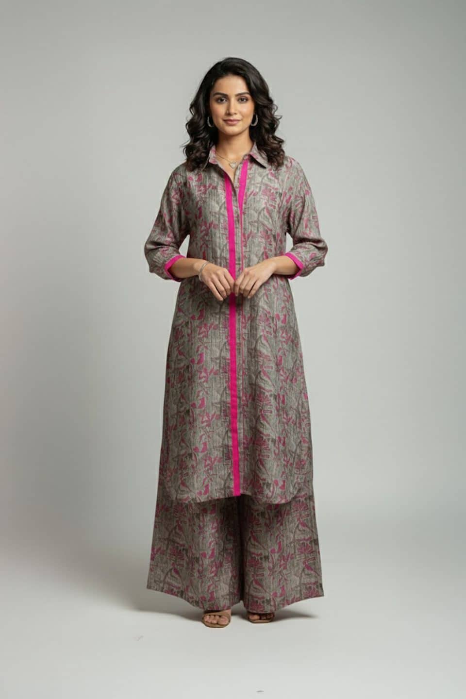 Elegant Grey & Pink Printed Kurta Set
