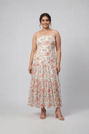 Ivory floral printed tiered maxi dress with shoulder straps