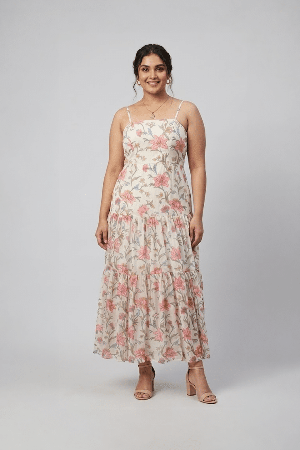 Grey Floral Plus Size Tiered Maxi Dress