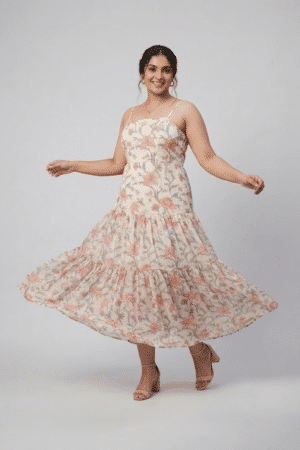 Ivory floral printed tiered maxi dress with shoulder straps