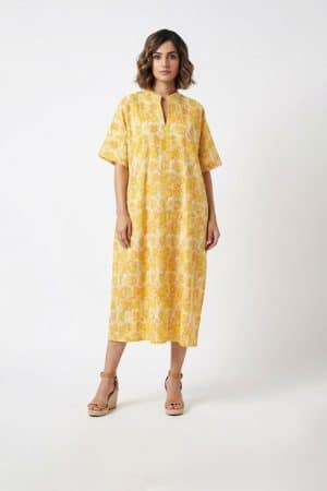 Yellow cotton midi dress with floral print and relaxed fit
