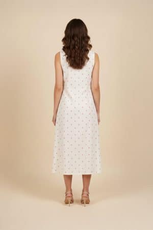 Ivory floral midi dress with sleeveless round neckline and pink floral print